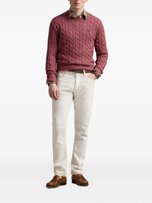 suéter de gola redonda em tricô trançado